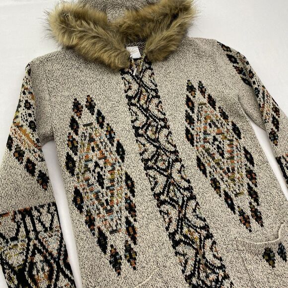 Northern Angel Cardigan Sweater Duster Womens Small Tan Aztec Hooded Fur Trim - Picture 5 of 11